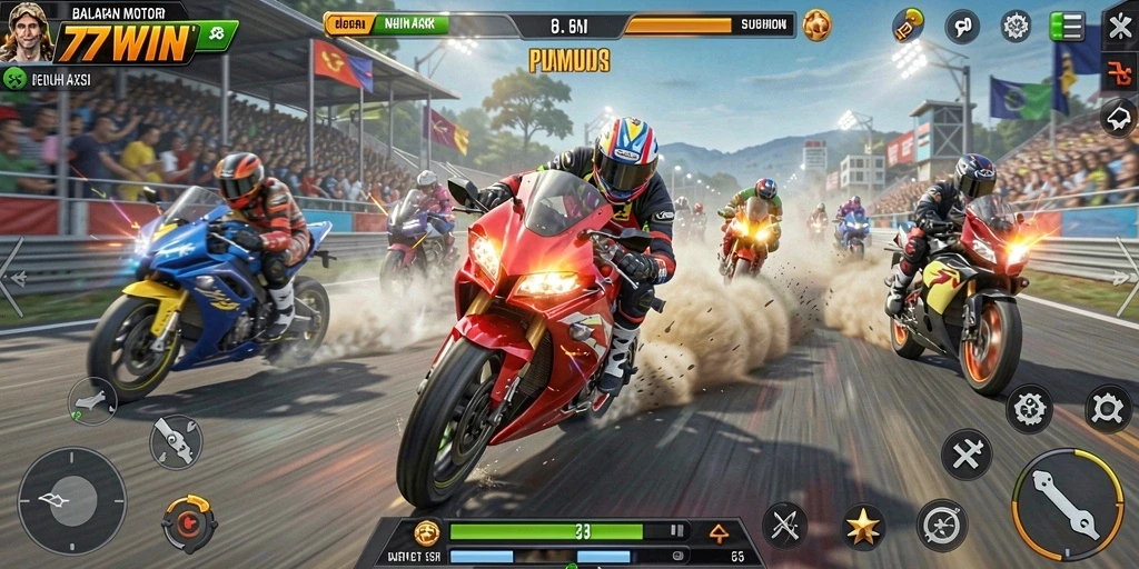 Screenshot gameplay 77WIN yang menunjukkan aksi balapan motor yang mendebarkan.