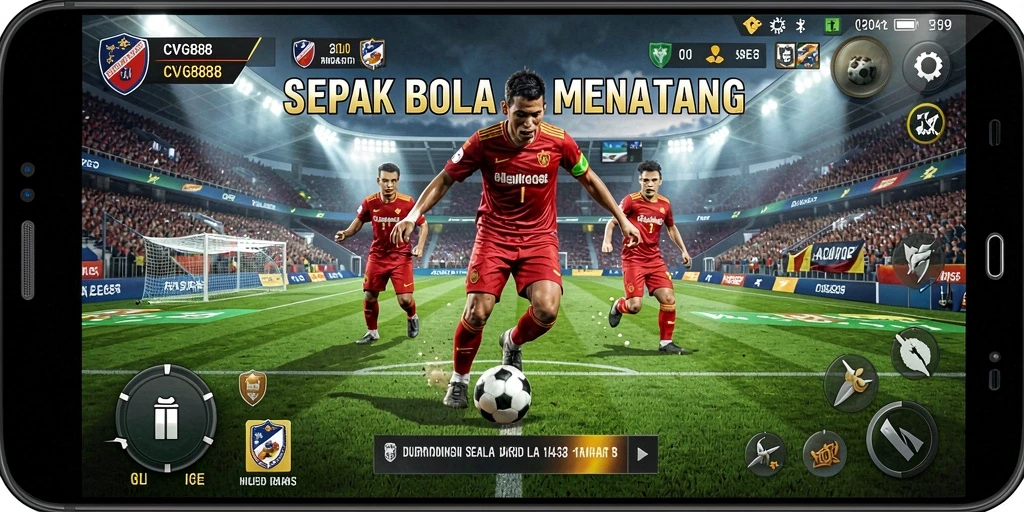 Tampilan gameplay CVG8888 yang menampilkan aksi sepak bola seru.