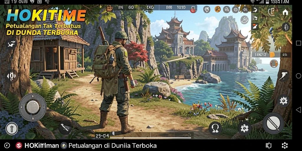 Screenshot HOKITIME menampilkan aksi eksplorasi seru di dunia terbuka.