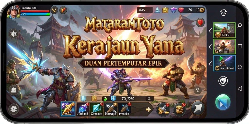 Screenshot gameplay MATARAMTOTO menunjukkan menara yang sedang bertempur melawan gelombang musuh.