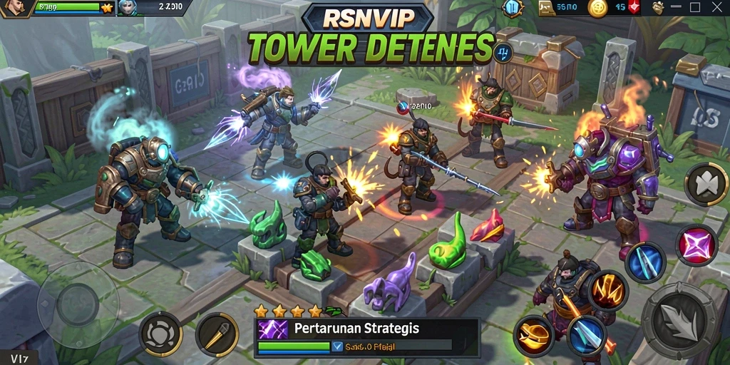 Screenshot gameplay RSNVIP menampilkan pertarungan Tower Defense yang menegangkan.