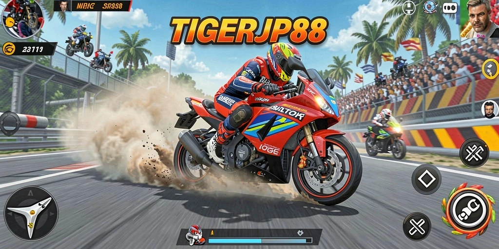 Tampilan gameplay menegangkan dalam TIGERJP88 saat balapan motor.